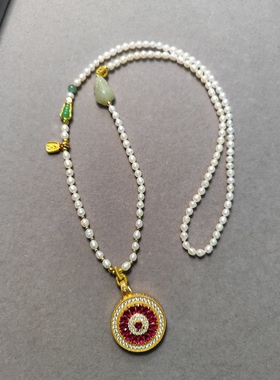 天然淡水珍珠毛衣链4+米珠极光精工满钻红刚玉吉祥八宝罗盘双面款