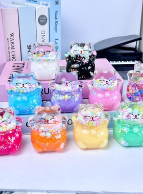 潮玩亚克力夜光爆闪招财猫创意入油流沙桌面摆件亚克力装饰品卡通