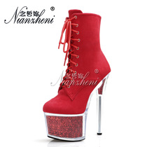 Suede ultra high heel Large code sexy lacing short boot 20cm Steel Tube dance High heel Shoe model Night shop Walk Show Woman