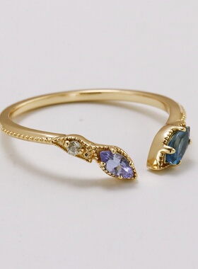 S925银镀14K金伦敦蓝坦桑钻戒