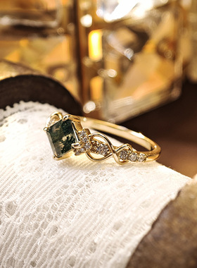 复古方形水草玛瑙925银镀金戒指