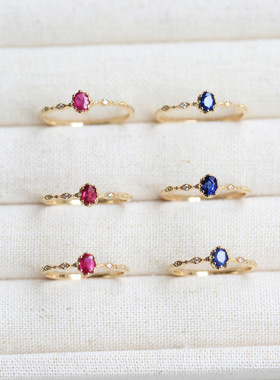 日系轻奢红宝石蓝宝石925银戒指