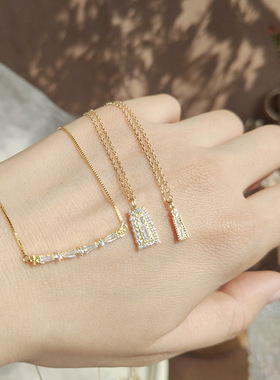 日式轻奢森林锆石梯形吊坠项链