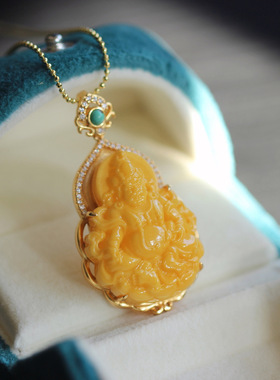 天然老蜜蜡黄财神S925镶嵌项链