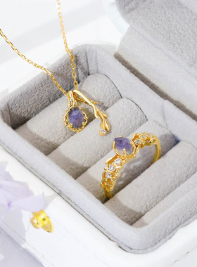 S925纯银天然堇青石拉长石戒指