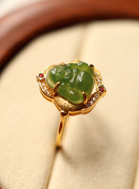 925银镶和田碧玉佛指戒指阳绿