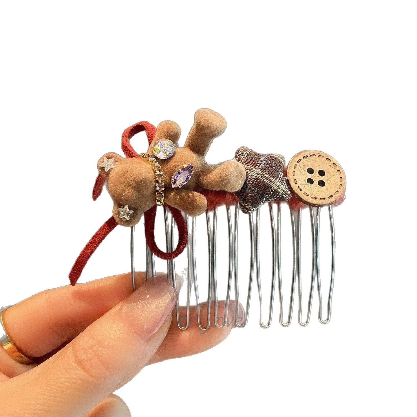 复古植绒卡通小熊闪钻蝴蝶结刘海碎发梳高颅顶公主头倒插梳高级感,淘宝优惠券,粉丝福利购,淘宝优惠卷