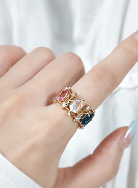 敦丽珠宝S925银14K镀彩石英石戒