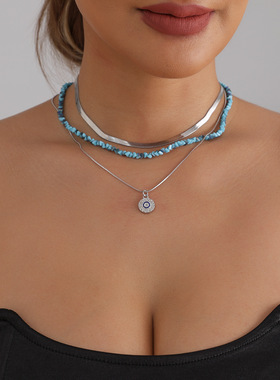 欧美跨境饰品轻奢时尚恶魔之眼项链切面蓝色水晶潮搭necklace颈链