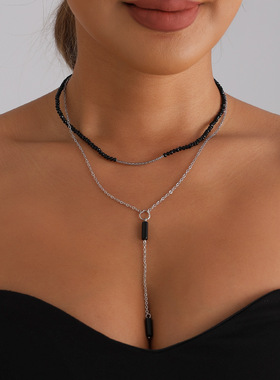 欧美跨境饰品几何水晶圆柱Y型流苏项链 ins暗黑系辣妹风necklace