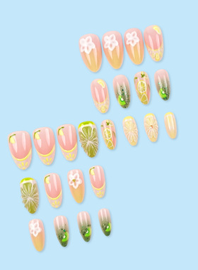 3D立体柠檬花朵法式穿戴甲 夏日温柔清新美甲 ins 24片假指甲