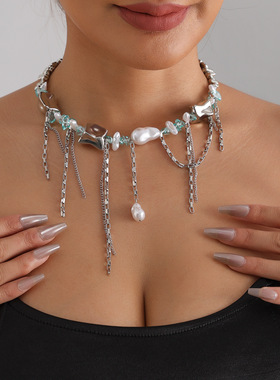 欧美跨境饰品时尚异型串珠拼接CCB项链性感辣妹街拍短款necklace