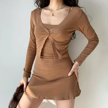 Go Girl Go Maillard sexy slim short cardigan suspender dress short skirt slimming two-piece set for women