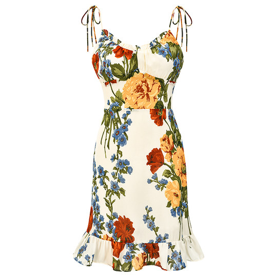 Women's oil painting printed ruffle sling skirt