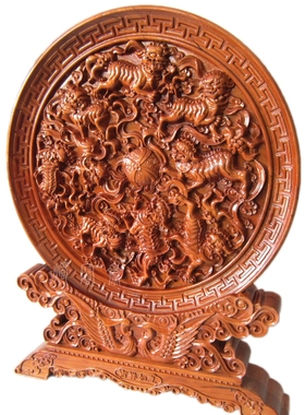九狮风水摆件台屏座屏桃木质