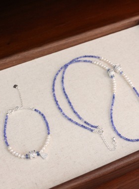 天然青金石海蓝宝小米珠极细925碎银双圈手链百搭手串手饰礼物