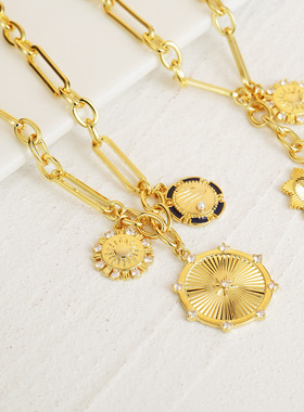 珍珠铜镀金太阳山水项链小众设计ins嘻哈冷淡风网红锁骨链女