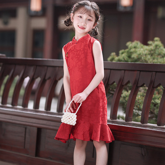 叙罗儿童旗袍夏季无袖中国风连衣裙女童红色小旗袍改良新中式礼服