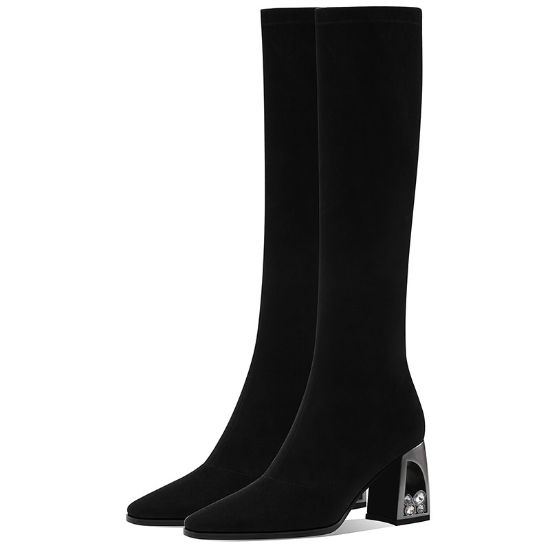 黑色真皮不过膝长靴女2025秋冬粗高跟高筒靴骑士靴小个子弹力瘦靴,淘宝优惠券,粉丝福利购,淘宝优惠卷