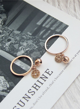 韩版钱币铃铛钛钢玫瑰金饰品戒指