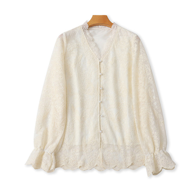 ການຖັກແສ່ວຫນັກ V Neck Lace Shirt ແຂນຍາວປຸ່ມ