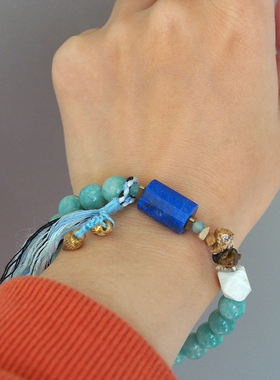 青金石八棱珠银珐琅蝴蝶手链