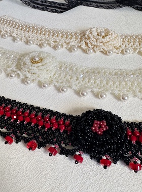 手工编织蕾丝珍珠流苏新中式古风山茶花颈上花开项链女choker颈链