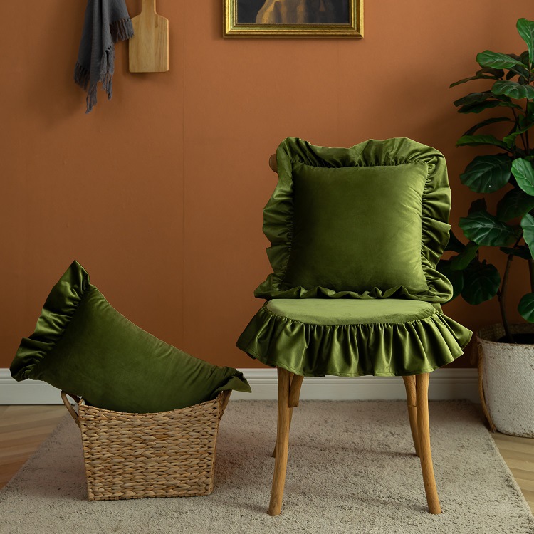 四季家用北餐凳垫素色法式荷叶边绑带坐垫薄款可拆洗椅垫橘色绒布 - 图0