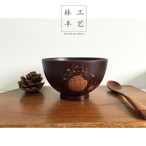 包邮天然环保日式木碗套装 创意卡通龙猫饭碗 家用餐具送木勺子 - 图1