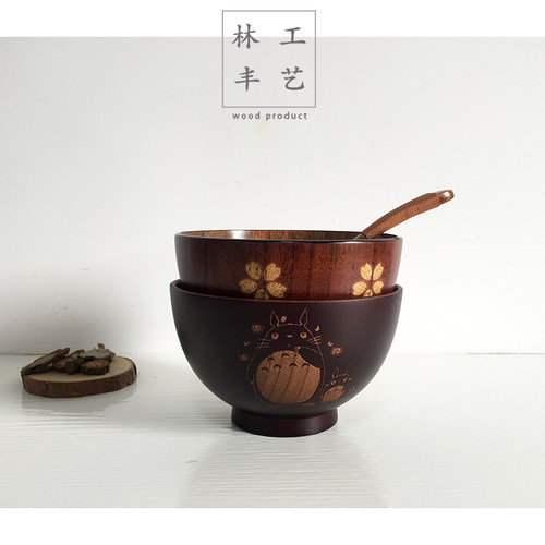 包邮天然环保日式木碗套装 创意卡通龙猫饭碗 家用餐具送木勺子 - 图0