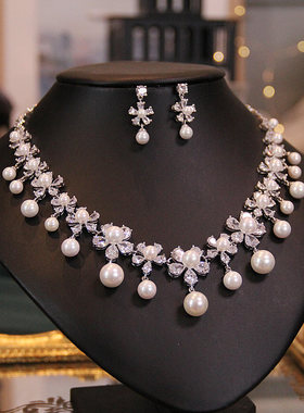 奢华新娘项链耳环套装锆石