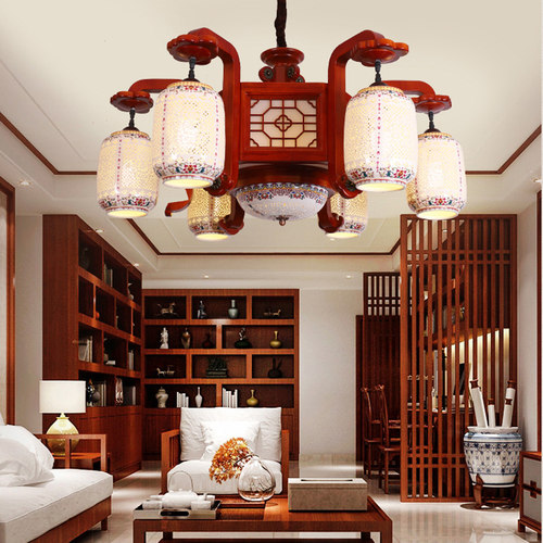 中式客厅吊灯陶瓷橡木雕刻如意景德镇陶瓷客厅卧室书房吊灯带安装-图0