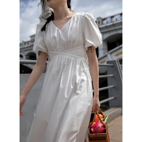 Белое платье, летний приталенный корсет, длинная юбка, французский стиль, изысканный стиль, средней длины, городской стиль, коллекция 2022