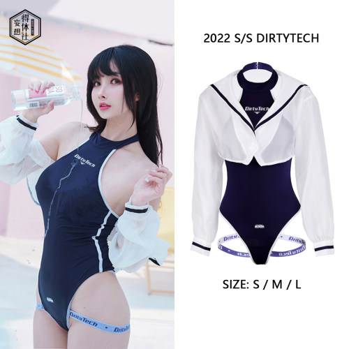 海月姬二次元jk竞泳元素连体泳衣防晒服两件套-图0