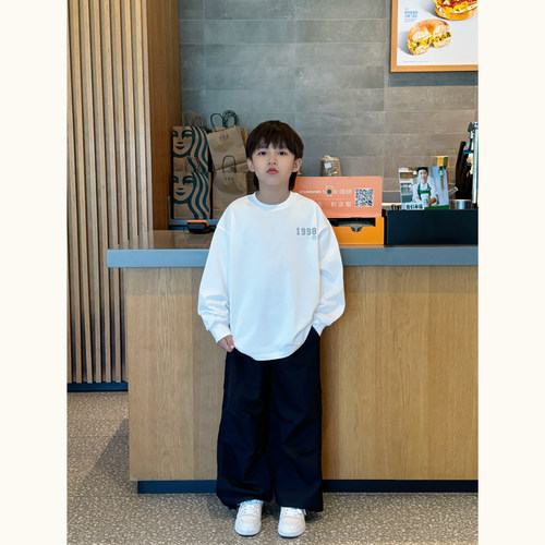 凯文家童装春秋款男童中大童韩版简约字母印花儿童宽松长袖T恤 - 图2