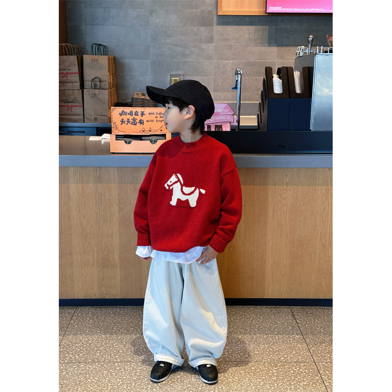 凯文家童装2026年货新款男童中大童韩版小马圆领毛衣儿童针织衫,淘宝优惠券,粉丝福利购,淘宝优惠卷
