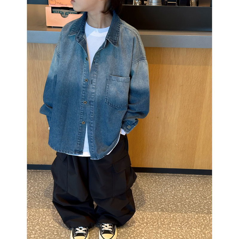 凯文家童装2025年秋季新品男童中大童韩版渐变色儿童牛仔衬衫外套 - 图0