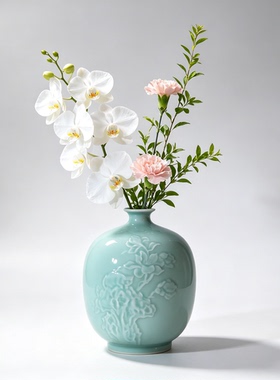 慧仙青瓷太湖石 刻绘花器粉青手工插花摆件龙泉青瓷花瓶摆件