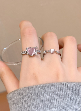 甜酷粉色爱心锆石戒指女小众设计冷淡风指环时尚个性高级感食指