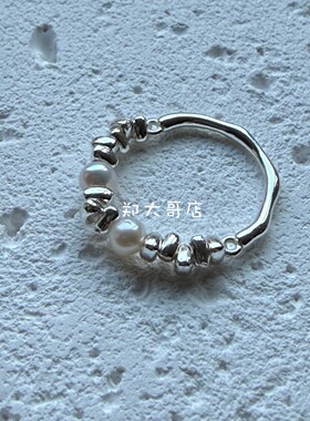 小众天然淡水珍珠碎银子异形弯管S925纯银手工串珠戒指指环