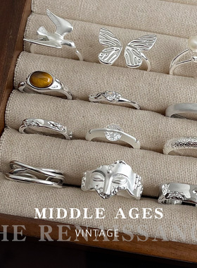 vintage中古风文艺复古银色戒指合集个性小众冷淡风食指戒手饰女