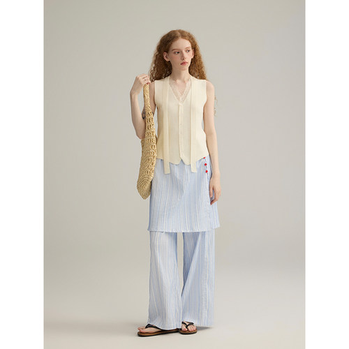 三十三【时海序章】条纹围裙假两件休闲裤女2025夏季法式小众长裤 - 图0