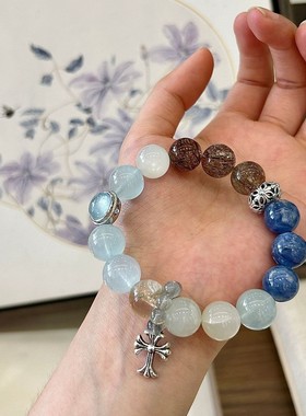 花田～天然黑金超蓝晶石海蓝宝多宝手链大颗粒设计款水晶手串串珠