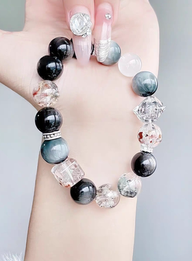 天然水晶四季幽灵+银曜石+黑金