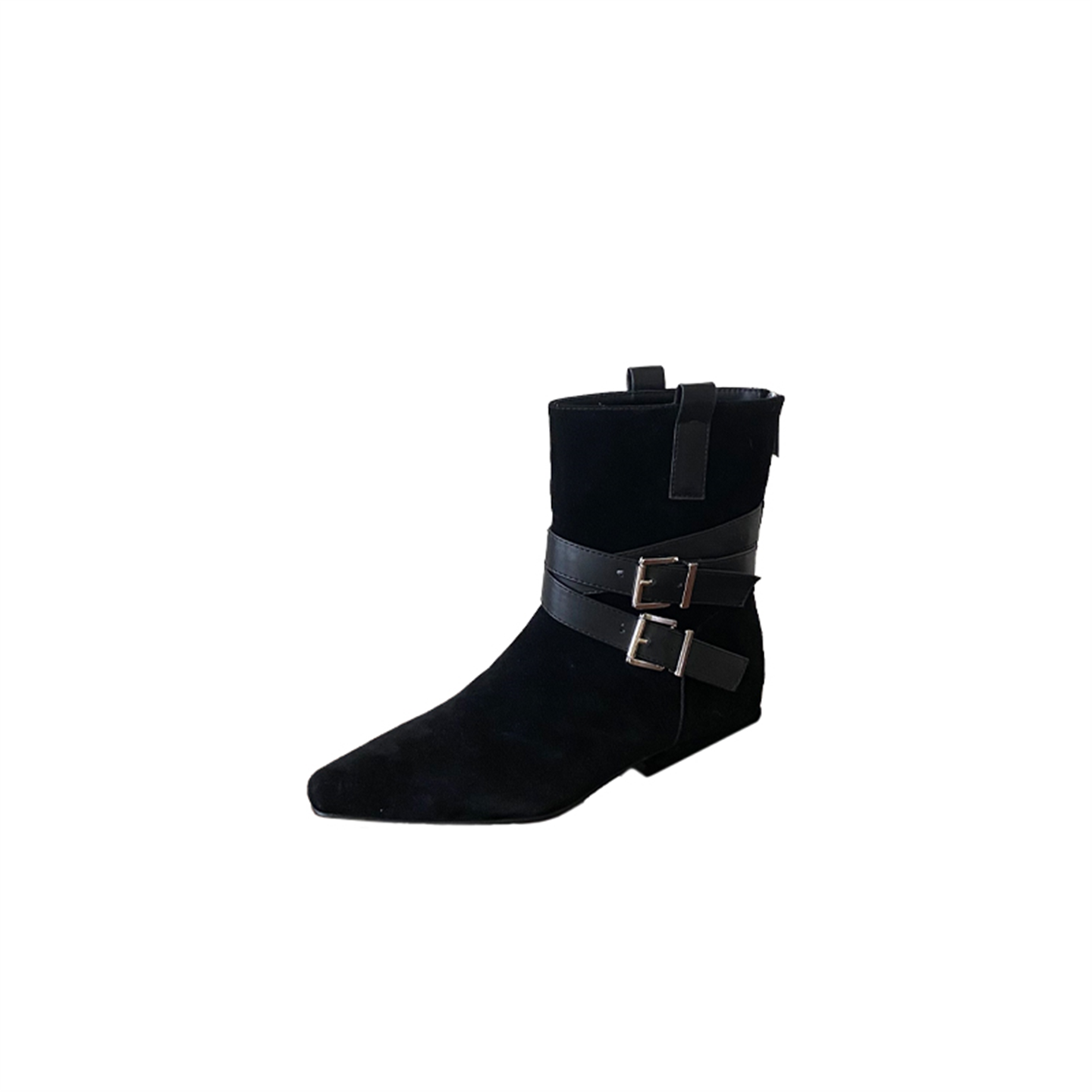 2025秋冬新款尖头粗跟矮跟气质显瘦法式皮带扣平底短靴女网红矮靴 - 图3