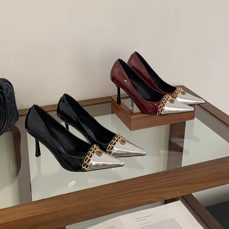 2026春季新款金属链拼色气质尖头细跟中跟单鞋高跟浅口女鞋子,淘宝优惠券,粉丝福利购,淘宝优惠卷