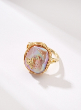 法式复古天然巴洛克珍珠戒指女小众设计开口指环高级感蜜蜂食指戒