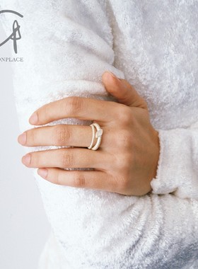 OLIO E ACETO 纯银曜石/水晶双环戒指