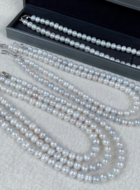 难得具美似澳白银蓝色度天然淡水螺纹强光极光8-9mm螺纹珍珠项链