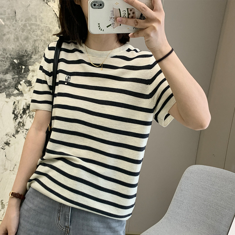 冰丝条纹基础款短袖女针织衫松弛感上衣2025早秋撞色经典打底T恤,淘宝优惠券,粉丝福利购,淘宝优惠卷